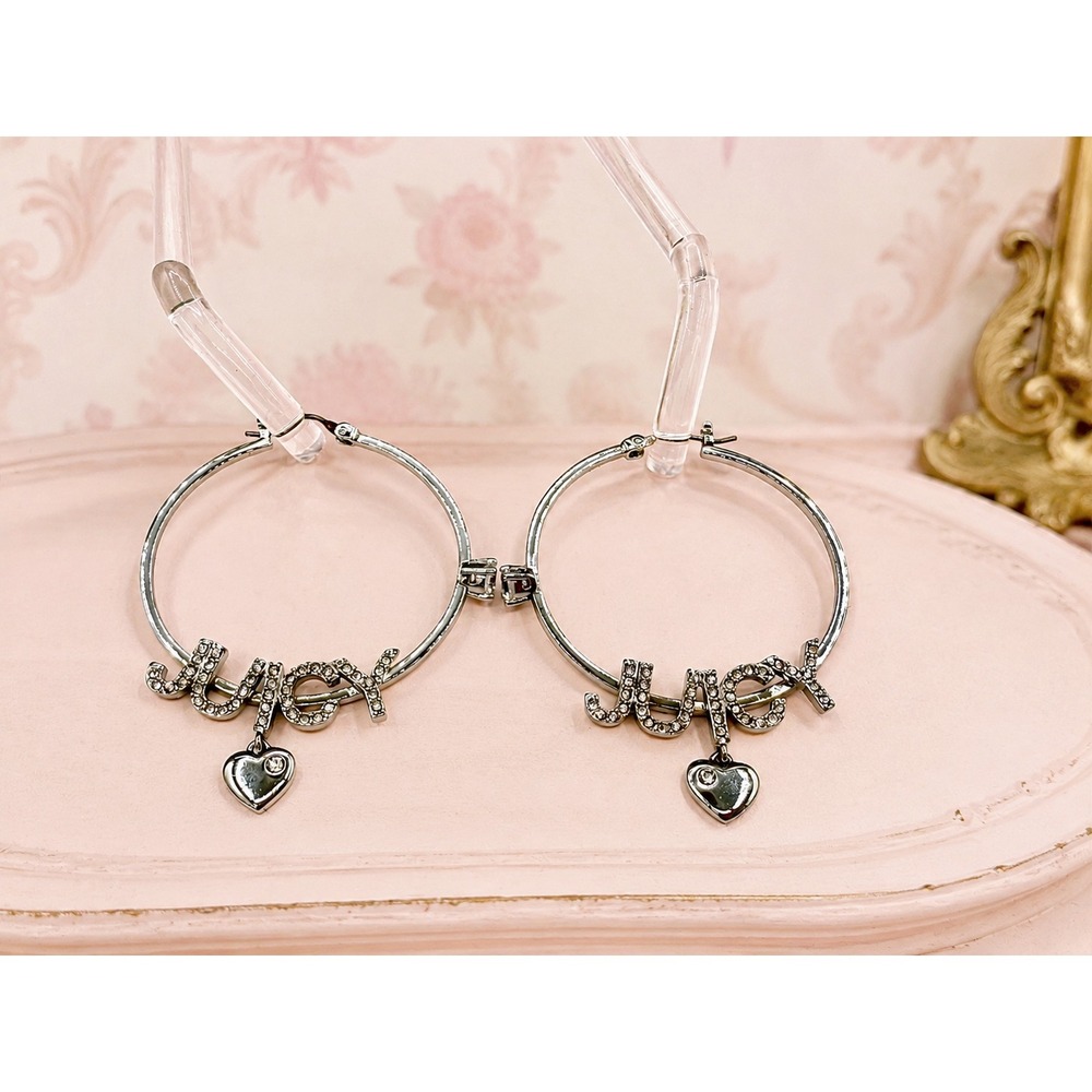 Vintage Juicy Couture Silver Tone Pave Rhinestone Earrings Logo Hoops Heart 1.5"